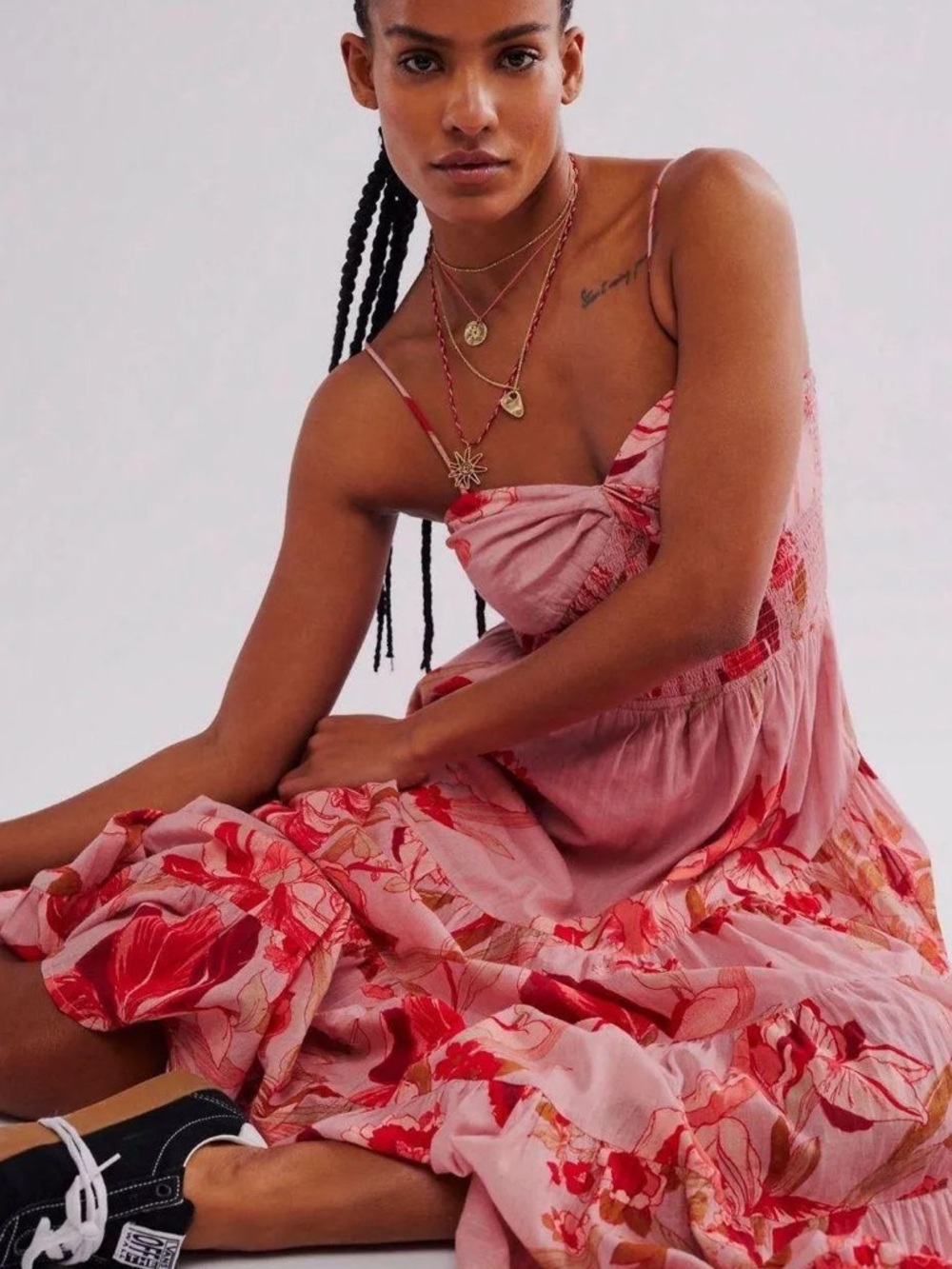 BNWOT Free People Sundrenched Maxi Dress Pink Floral Tiered Boho Maxi Smocked - Picture 4 of 7